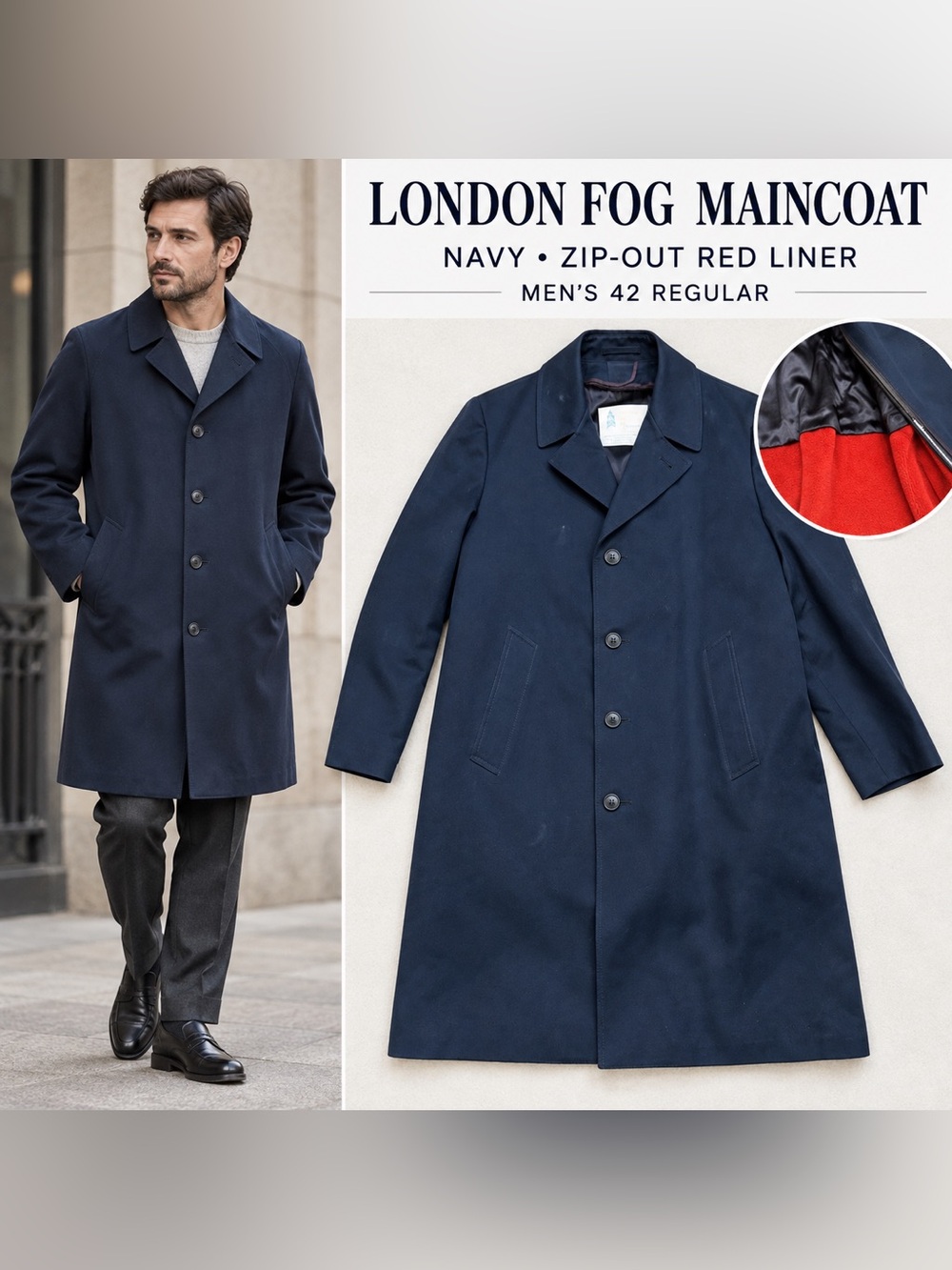 London Fog Navy Men's Zip-Out Lined Coat Size 42